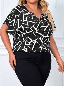 EMERY ROSE Bluse mit Geo Muster, eingekerbtem Kragen, Fledermausärmeln,