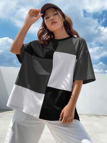 SHEIN EZwear Camiseta de hombros caídos de color combinado - Gris - Ver 3