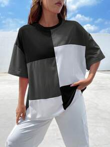 SHEIN EZwear Camiseta de hombros caídos de color combinado - Gris - Ver 5