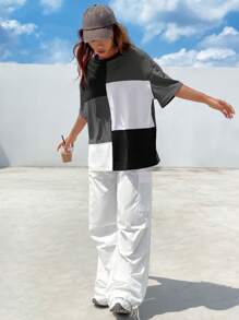 SHEIN EZwear Camiseta de hombros caídos de color combinado - Gris - Ver 6