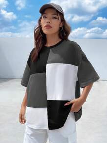 SHEIN EZwear Camiseta de hombros caídos de color combinado - Gris - Ver 7