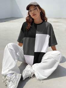 SHEIN EZwear Camiseta de hombros caídos de color combinado - Gris - Ver 8