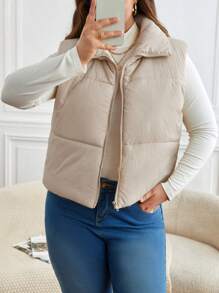 SHEIN Frenchy Plus Zip Up Vest Padded Coat, For Winter - Apricot - View 1