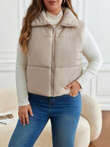 SHEIN Frenchy Plus Zip Up Vest Padded Coat, For Winter - Apricot - View 3
