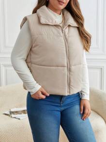 SHEIN Frenchy Plus Zip Up Vest Padded Coat, For Winter - Apricot - View 5