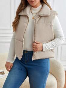 SHEIN Frenchy Plus Zip Up Vest Padded Coat, For Winter - Apricot - View 6