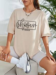 SHEIN EZwear Camiseta de hombros caídos con estampado de letra - Beis - Ver 1