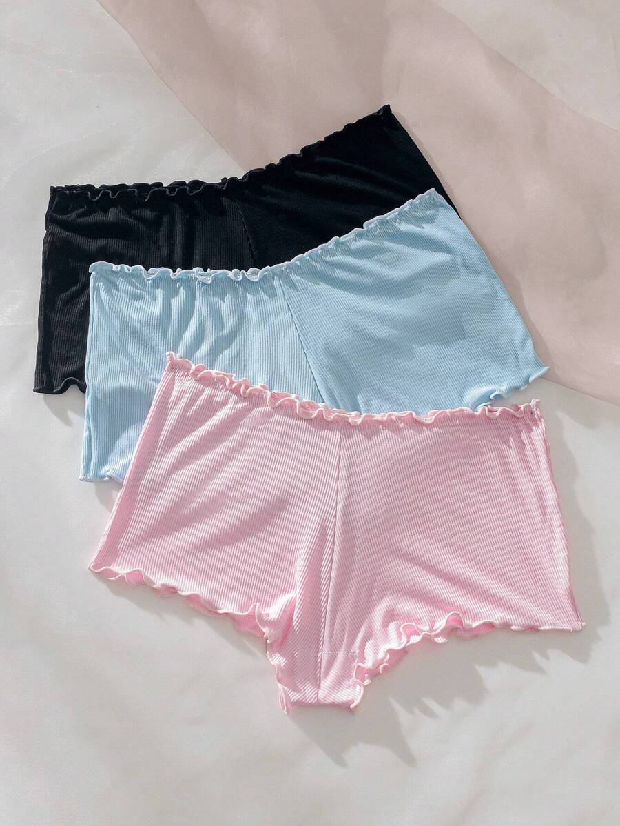 SHEIN 3pcs Scallop Trim Solid Ribbed Knit Brief - Multicolor - View 1