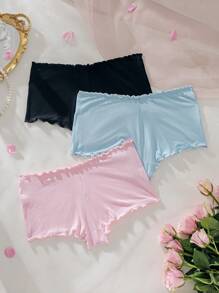 SHEIN 3pcs Scallop Trim Solid Ribbed Knit Brief - Multicolor - View 4