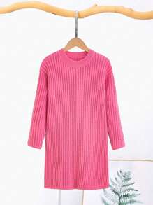 Tween Girl Ribbed Knit Drop Shoulder Jumper Dress - Hot Pink - View 1