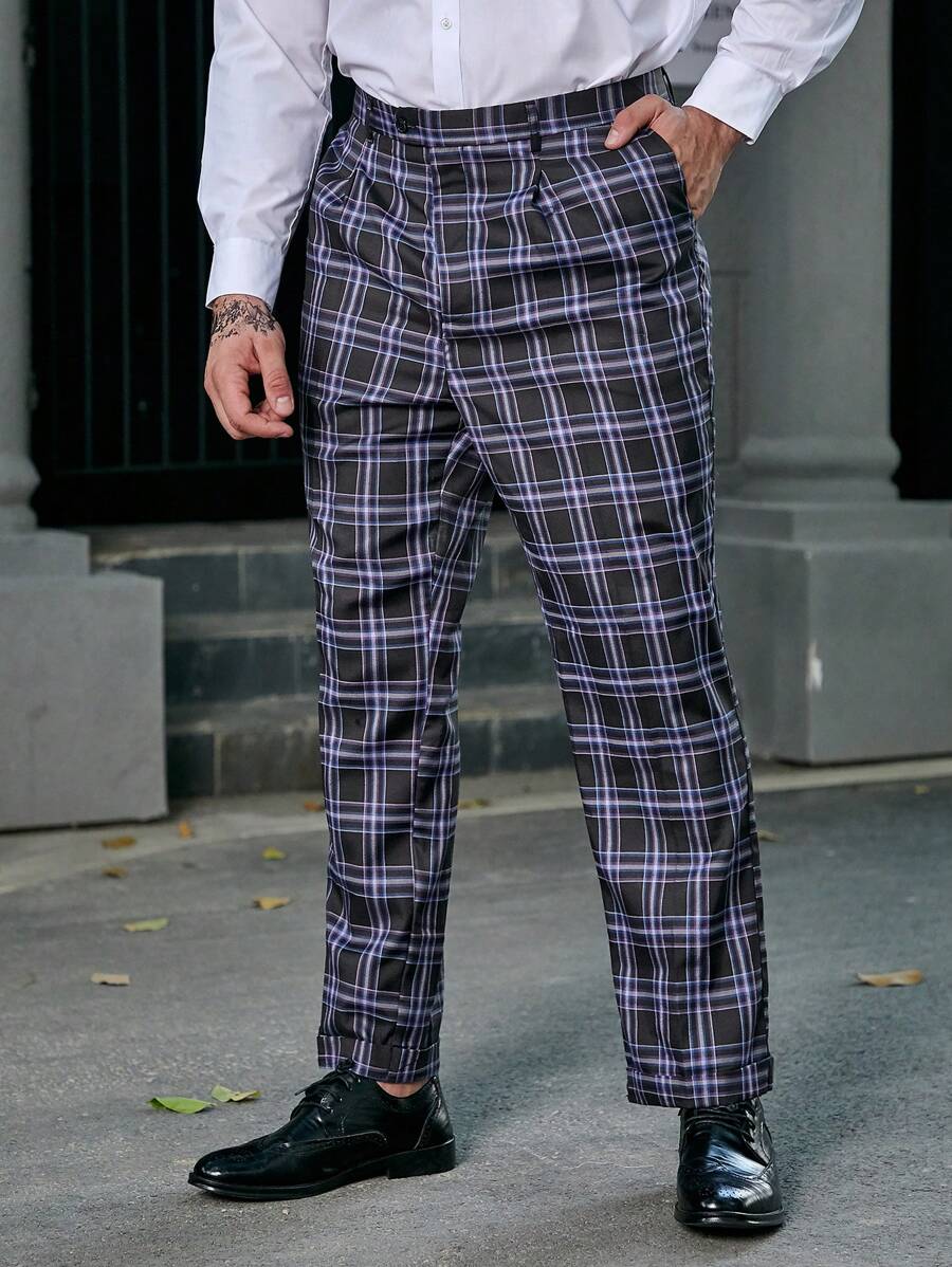 Manfinity Mode Men Plus Plaid Print Slant Pocket Suit Pants - Black - View 1