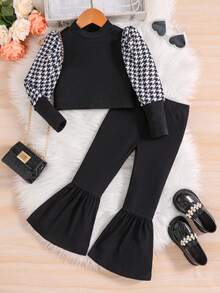 SHEIN Young Girl Houndstooth Print Puff Sleeve Tee & Flare Leg Pants - Black and White - View 7