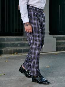 Manfinity Mode Men Plus Plaid Print Slant Pocket Suit Pants - Black - View 3