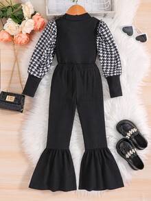 SHEIN Young Girl Houndstooth Print Puff Sleeve Tee & Flare Leg Pants - Black and White - View 2
