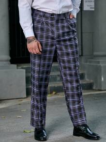 Manfinity Mode Men Plus Plaid Print Slant Pocket Suit Pants - Black - View 5