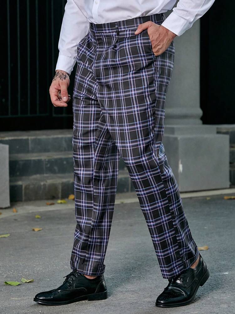 Men Plus Plaid Print Slant Pocket Suit Pants