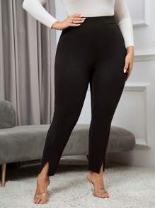 SHEIN Essnce 大碼下擺開叉緊身打底褲 - 黑色 - 查看 1