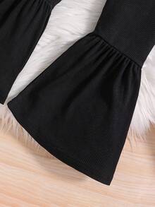 SHEIN Young Girl Houndstooth Print Puff Sleeve Tee & Flare Leg Pants - Black and White - View 6