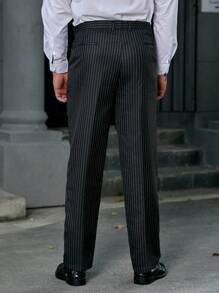 Manfinity Mode Hombres talla grande Pantalones de traje con estampado de rayas con bolsillo oblicuo - Negro - Ver 2