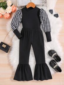 SHEIN Young Girl Houndstooth Print Puff Sleeve Tee & Flare Leg Pants - Black and White - View 1