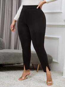 SHEIN Essnce 大碼下擺開叉緊身打底褲 - 黑色 - 查看 3