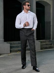 Manfinity Mode Hombres talla grande Pantalones de traje con estampado de rayas con bolsillo oblicuo - Negro - Ver 3