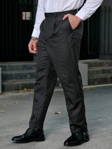 Manfinity Mode Hombres talla grande Pantalones de traje con estampado de rayas con bolsillo oblicuo - Negro - Ver 4