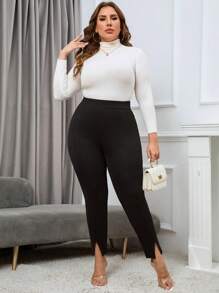 SHEIN Essnce 大碼下擺開叉緊身打底褲 - 黑色 - 查看 4