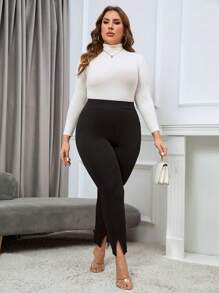 SHEIN Essnce 大碼下擺開叉緊身打底褲 - 黑色 - 查看 5