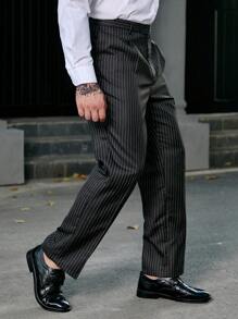 Manfinity Mode Hombres talla grande Pantalones de traje con estampado de rayas con bolsillo oblicuo - Negro - Ver 5