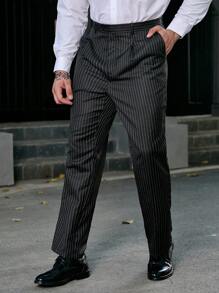 Manfinity Mode Hombres talla grande Pantalones de traje con estampado de rayas con bolsillo oblicuo - Negro - Ver 6