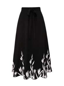 EMERY ROSE Plus Floral Print Belted Skirt - Black - View 1