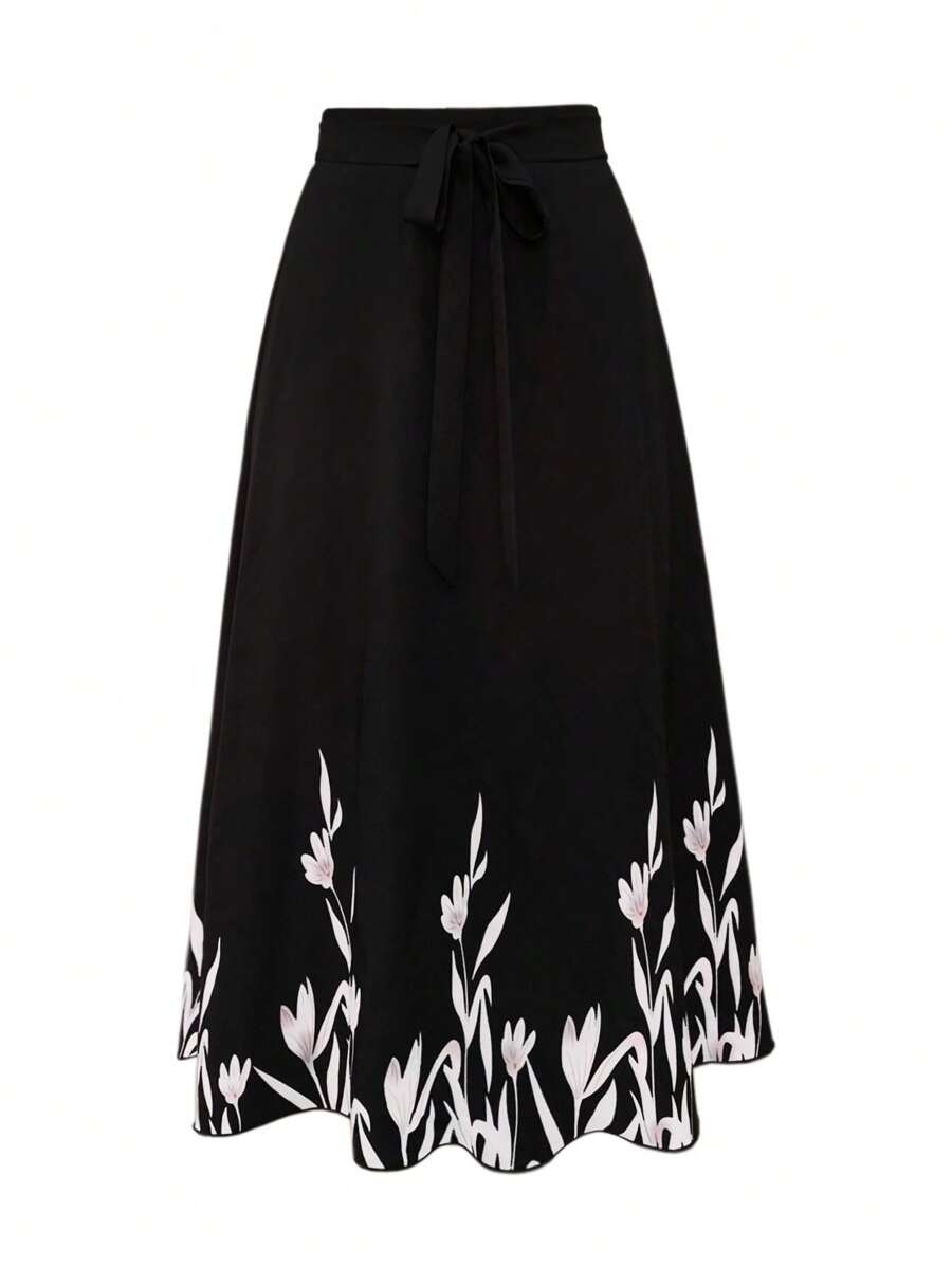 EMERY ROSE Plus Floral Print Belted Skirt - Black - View 1