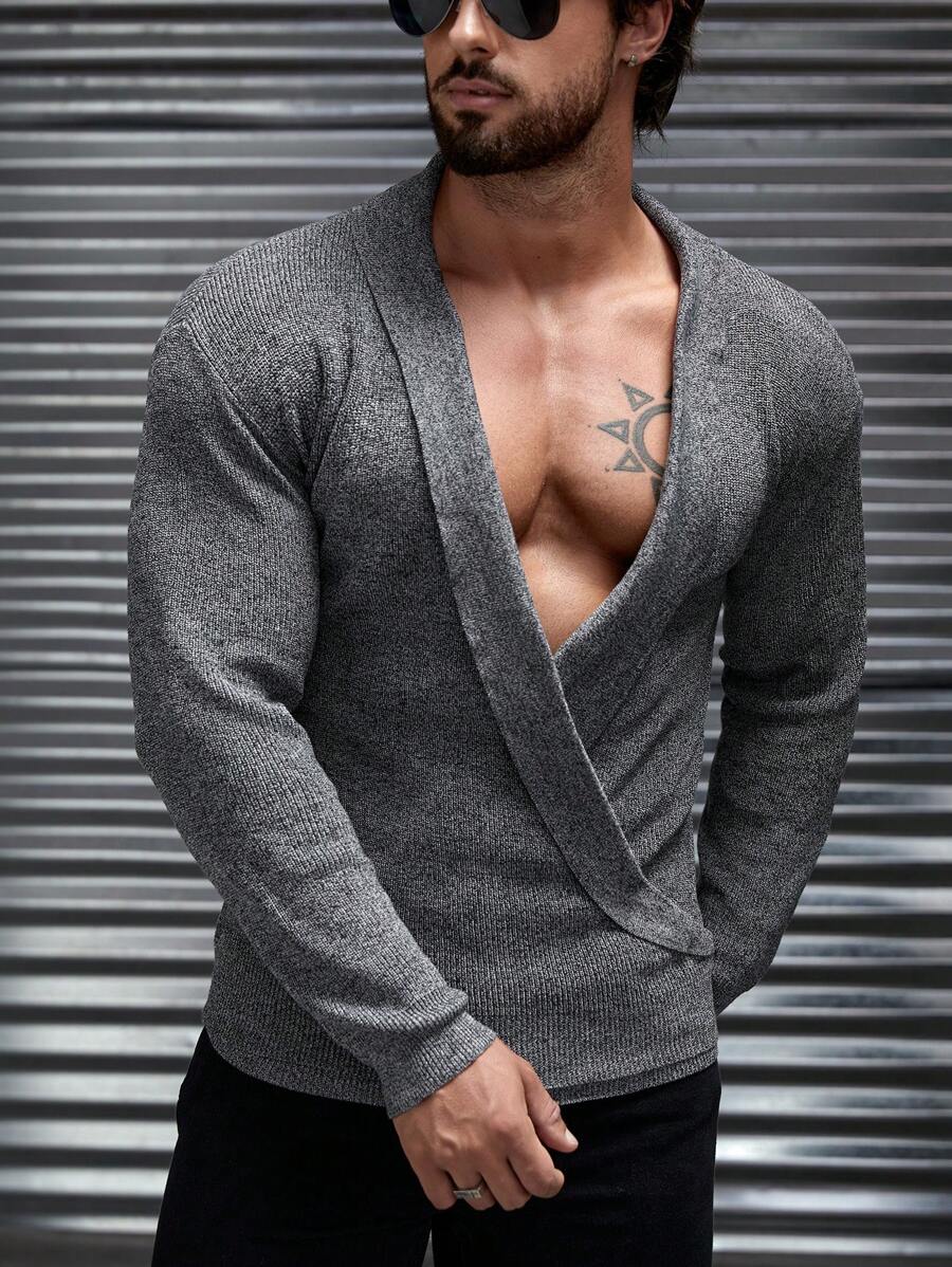 GENTILAND 男士素色交疊領套頭毛衣 - 灰色 - 查看 1