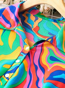 Plus Allover Print Knot Cuff Dress - Green - View 3