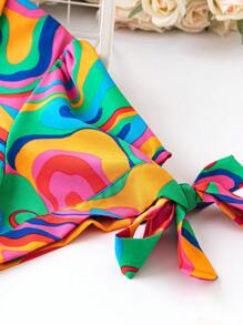 Plus Allover Print Knot Cuff Dress - Green - View 4