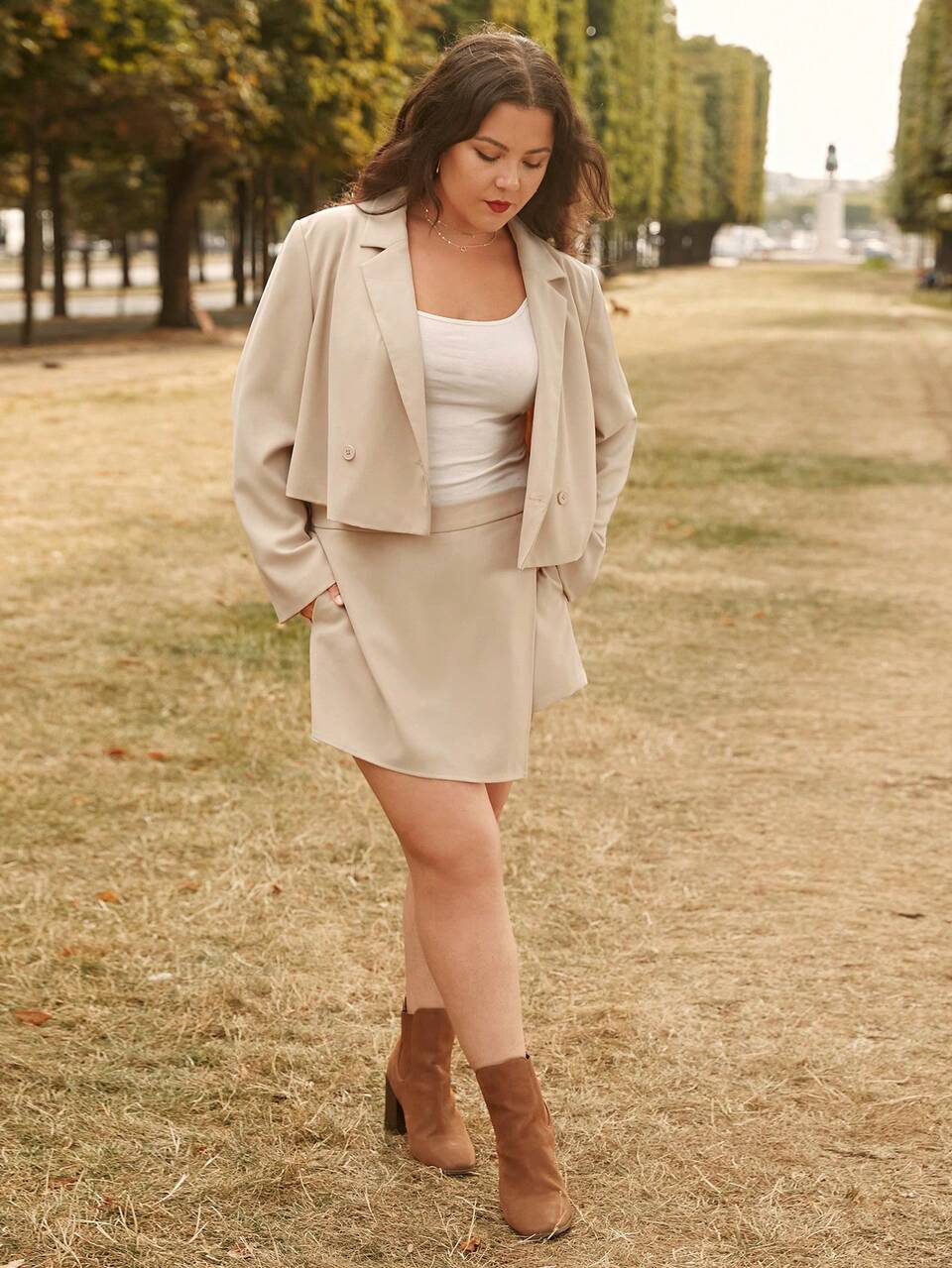 Plus Lapel Neck Jacket & Wrap Skort Without Cami Top