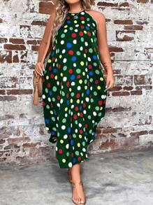 SHEIN LUNE 大碼波點圖案繞頸不對稱下擺洋裝 - 墨綠色 - 查看 1