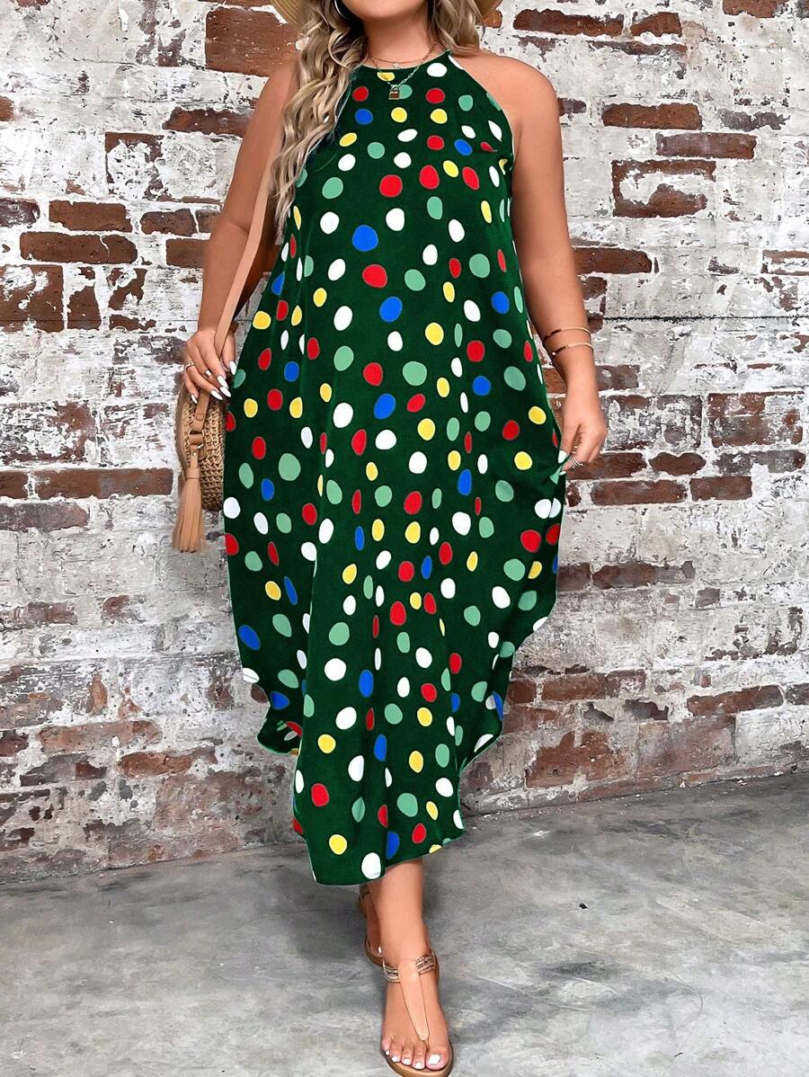 SHEIN LUNE 大碼波點圖案繞頸不對稱下擺洋裝 - 墨綠色 - 查看 1