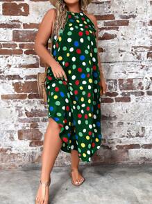 SHEIN LUNE 大碼波點圖案繞頸不對稱下擺洋裝 - 墨綠色 - 查看 3