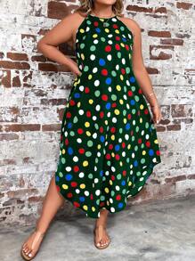 SHEIN LUNE 大碼波點圖案繞頸不對稱下擺洋裝 - 墨綠色 - 查看 4