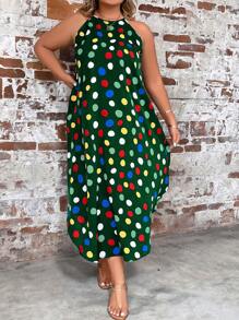 SHEIN LUNE 大碼波點圖案繞頸不對稱下擺洋裝 - 墨綠色 - 查看 5