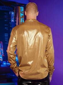 FeverCity Men Button Front Metallic Shirt - Gold - View 2