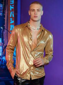 FeverCity Men Button Front Metallic Shirt - Gold - View 3