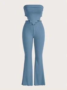 SHEIN EZwear 木耳邊頭巾下擺短款抹胸上衣&喇叭褲 - 霧霾藍 - 查看 1