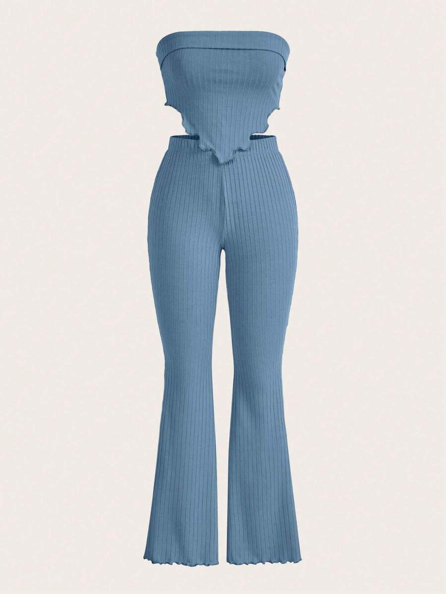 SHEIN EZwear 木耳邊頭巾下擺短款抹胸上衣&喇叭褲 - 霧霾藍 - 查看 1