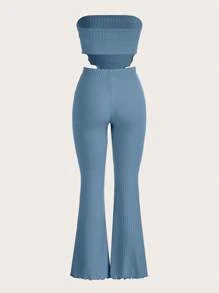 SHEIN EZwear 木耳邊頭巾下擺短款抹胸上衣&喇叭褲 - 霧霾藍 - 查看 2