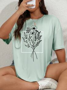 INAWLY Plus Floral Print Drop Shoulder Tee Graphic Tees Women Tops