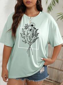 INAWLY Plus Floral Print Drop Shoulder Tee Graphic Tees Women Tops