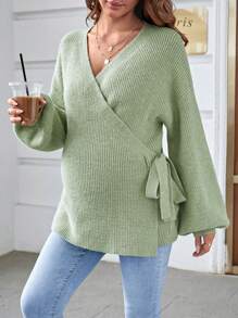 SHEIN Áo len Bà bầu Trọn gói Thắt nút màu trơn Giải trí - Màu xanh Bạc hà - Xem 8